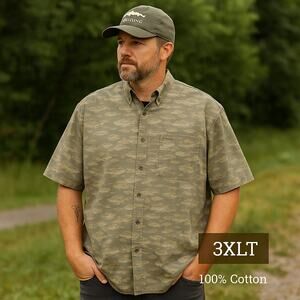 Columbia River Lodge Fish Print Button Down Shirt Men’s 3XLT Cotton